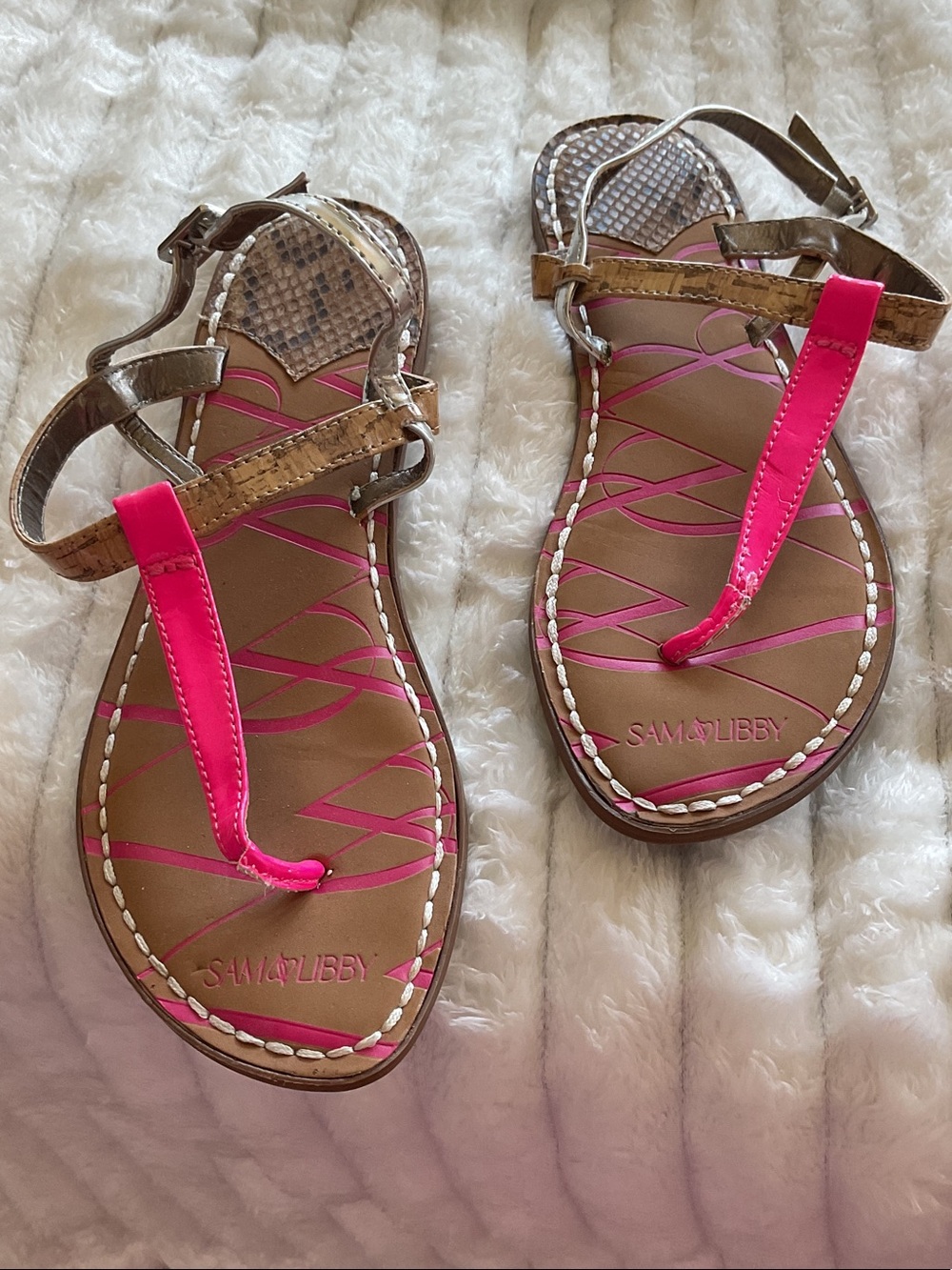 Sam & Libby Women's Brown Sandals with Hot Pink Straps